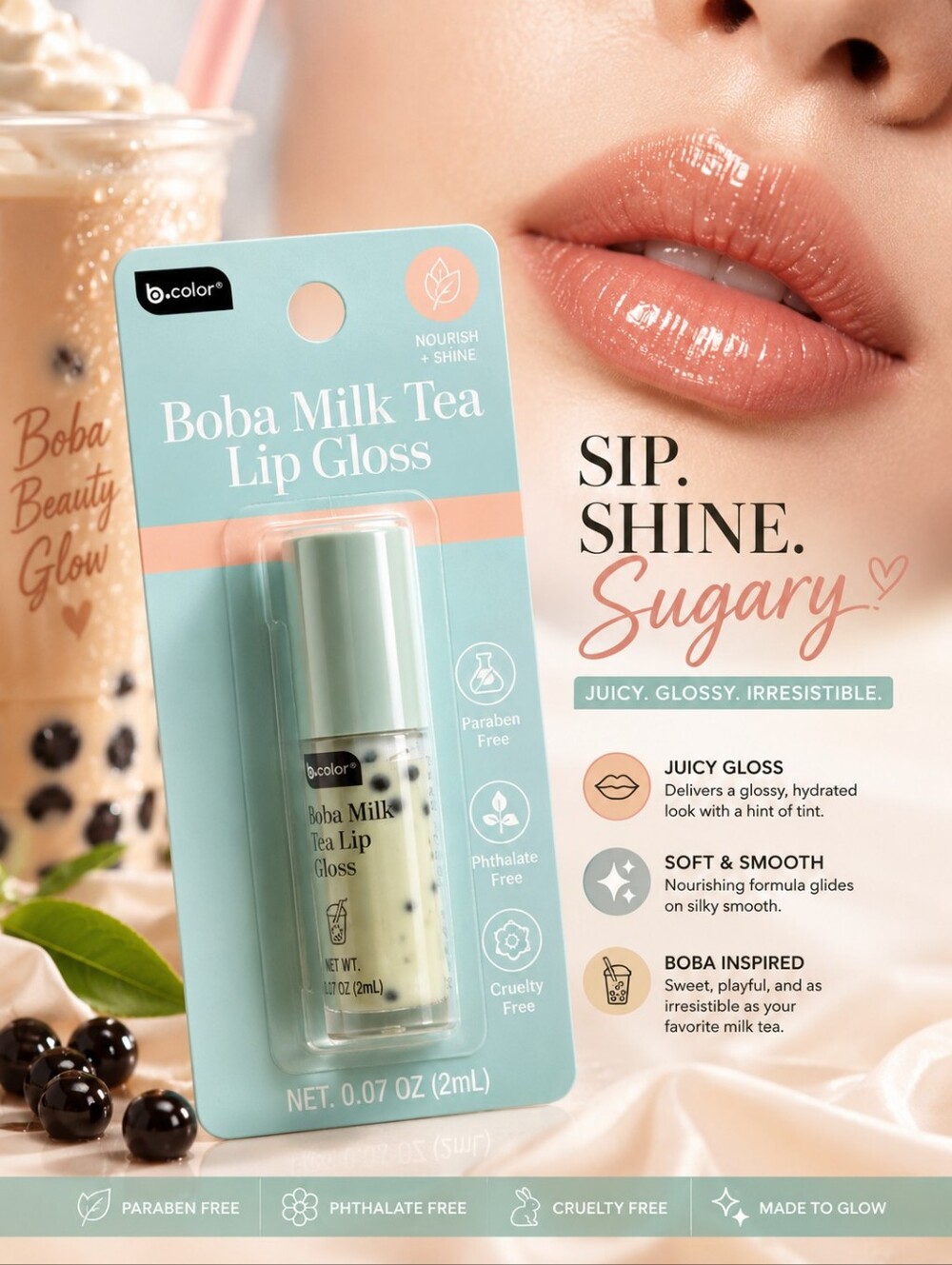 MATCHA BOBA MILK TEA SCENTED LIP GLOSS BY B.COLOR NET WT. 0.07 OZ